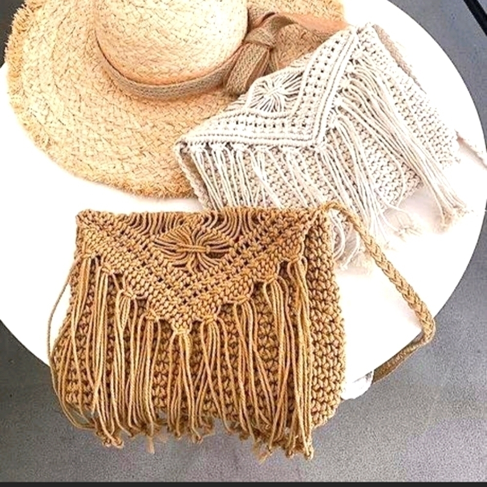 Bohemian Shoulder Bag Crocheted Crossbody Hippie purse 70s Style - Picture 1 of 16